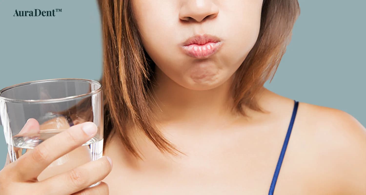 Det här fotot visar en kvinna som använder varmt vatten med salt för att skölja munnen efter tandextraktion