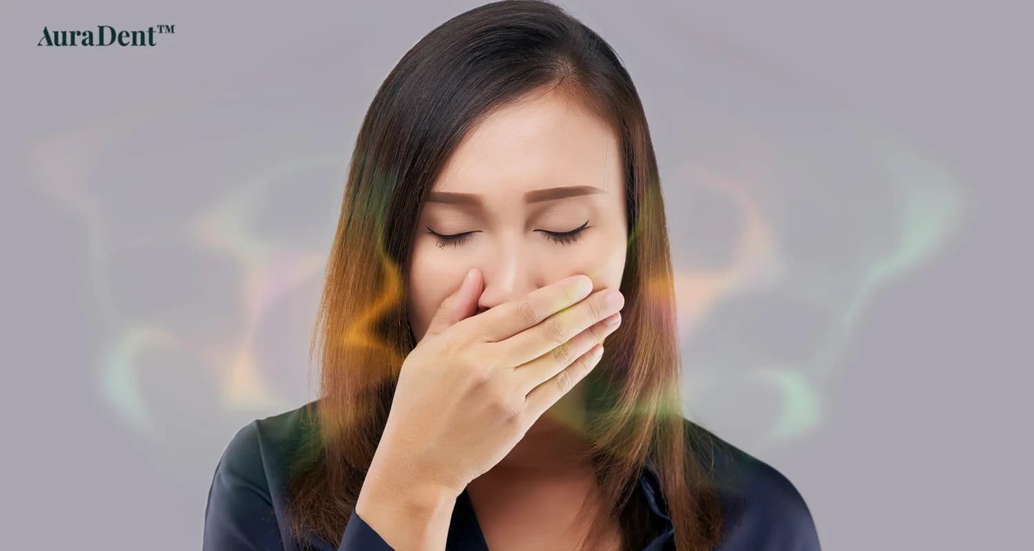 det här fotot visar en kvinna som har dålig andedräkt och håller för näsan