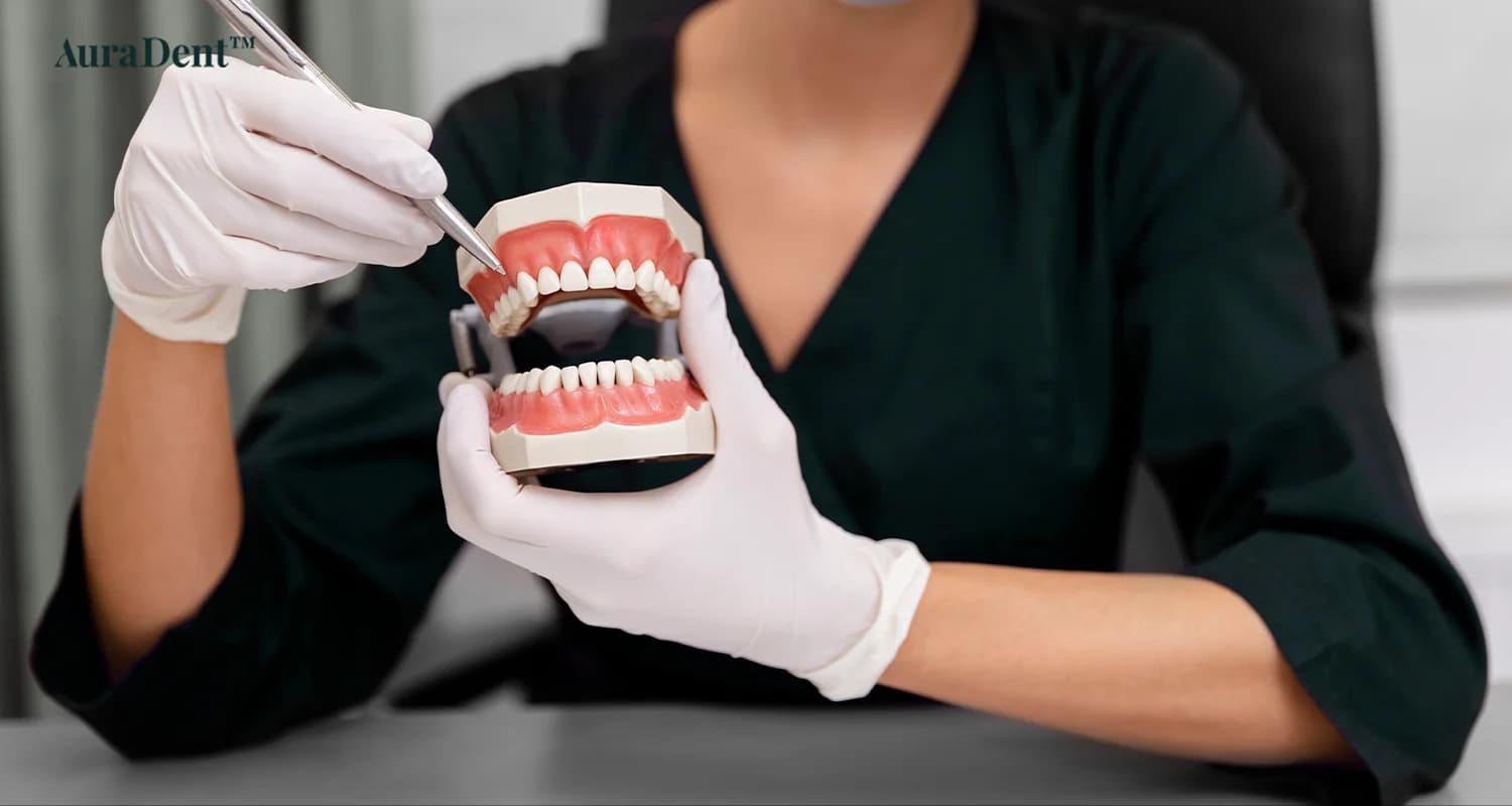 det här fotot visar en person som håller en 3d-modell av munnen med några tandimplantat i händerna