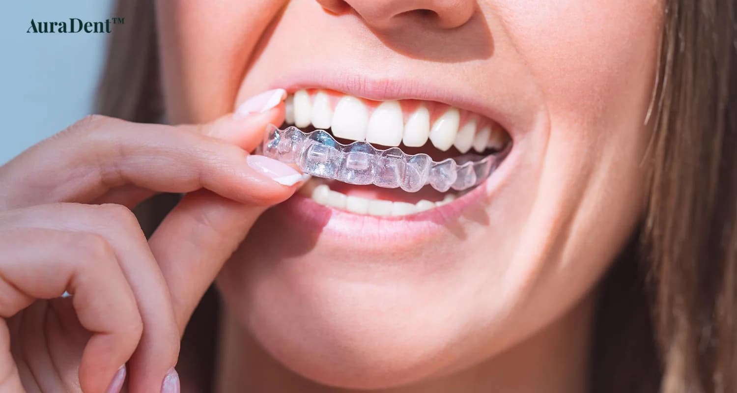 Det här fotot visar en person som försöker sätta Invisalign hängslen i munnen