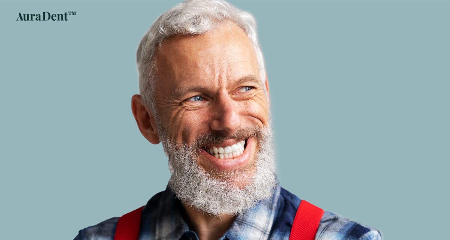 Det här fotot visar en man som har de bästa tandimplantaten i munnen och ler