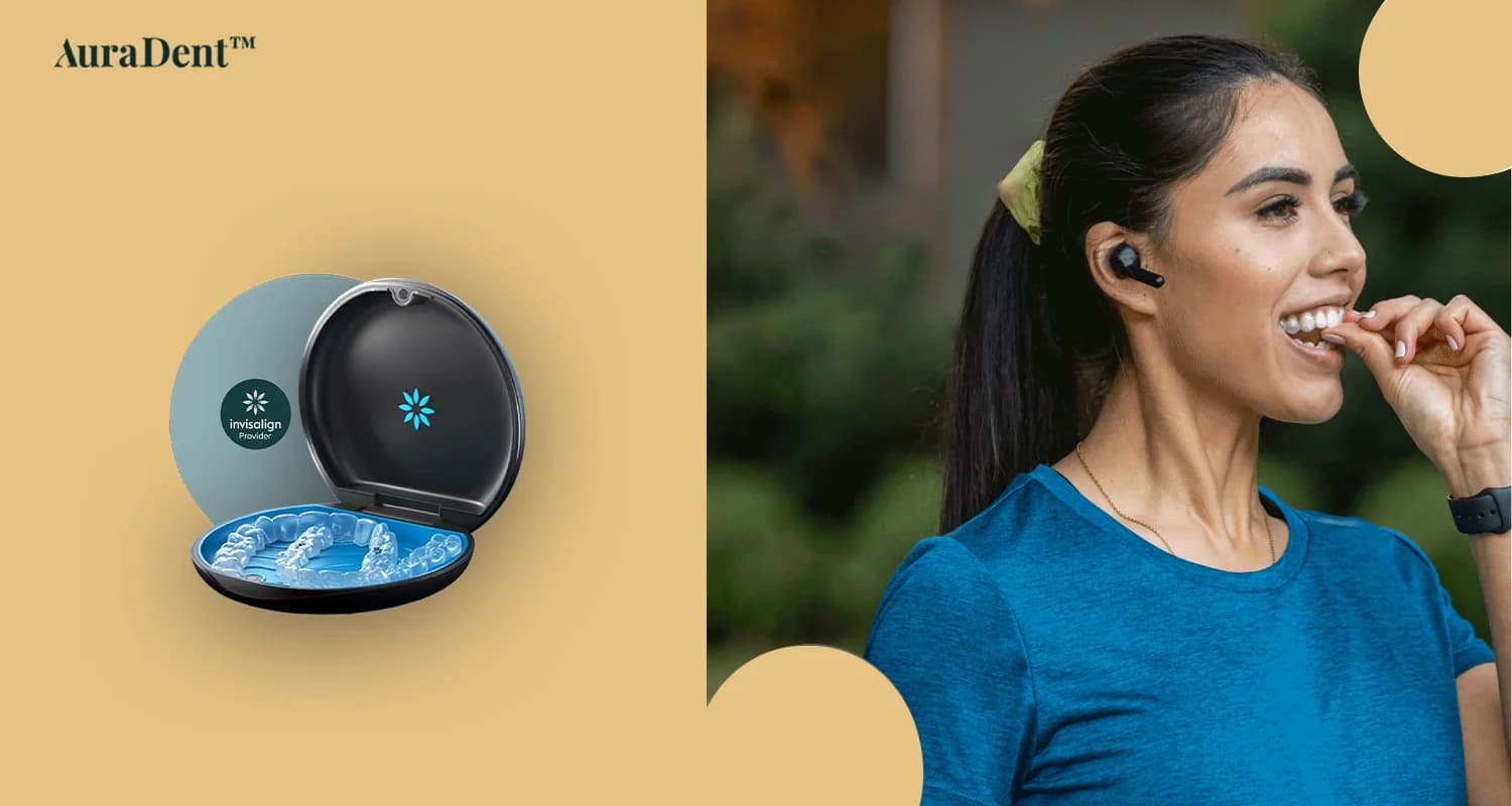 Invisalign för idrottare: det här fotot visar en kvinnlig idrottsman som sätter Invisalign-hållare i munnen