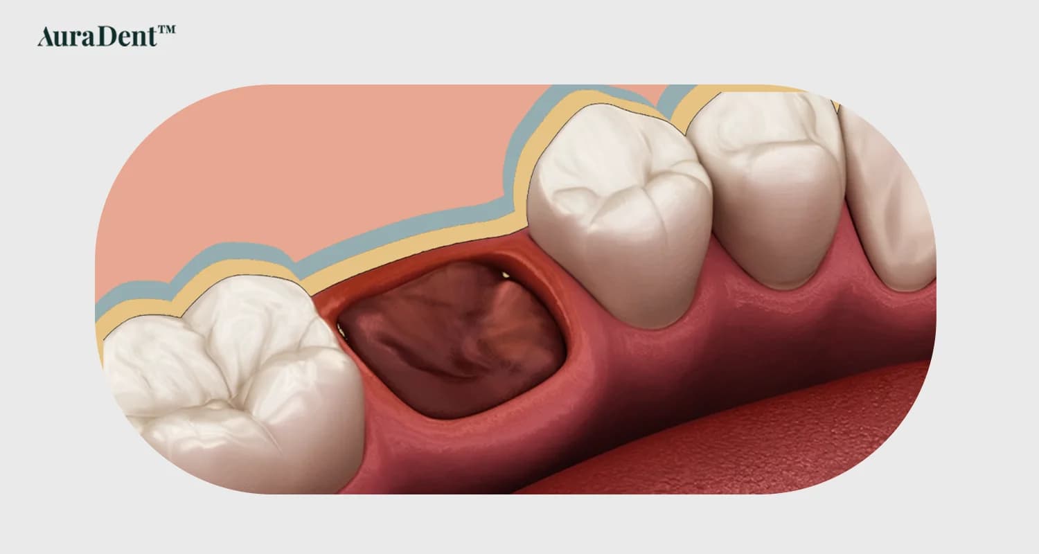 det här fotot visar en digital målning av rottanden där en Alveolit har inträffat