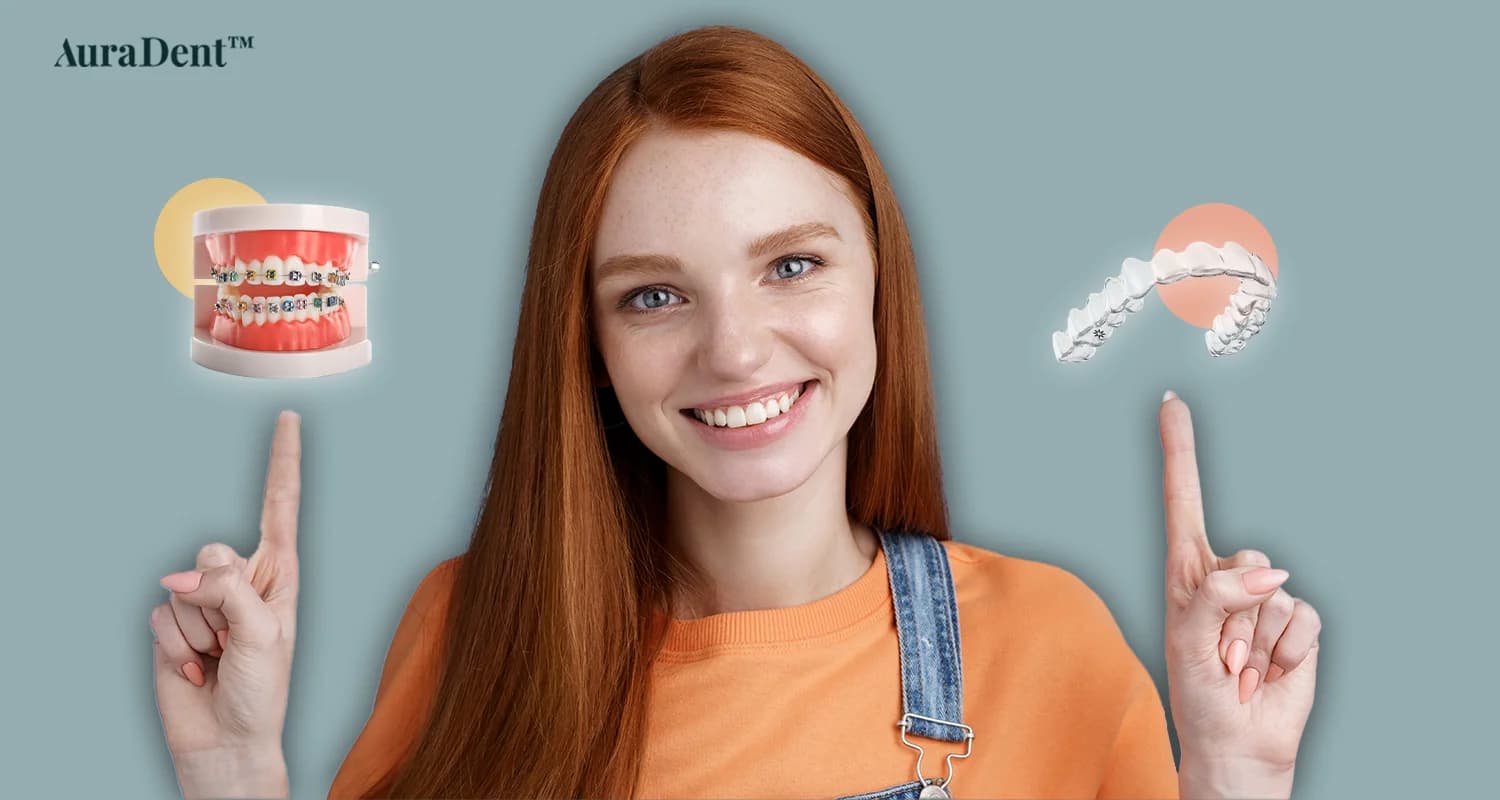 En guide om retainers: Detta foto visar en kvinna som väljer mellan Invisalign-behandling och traditionella hängslen