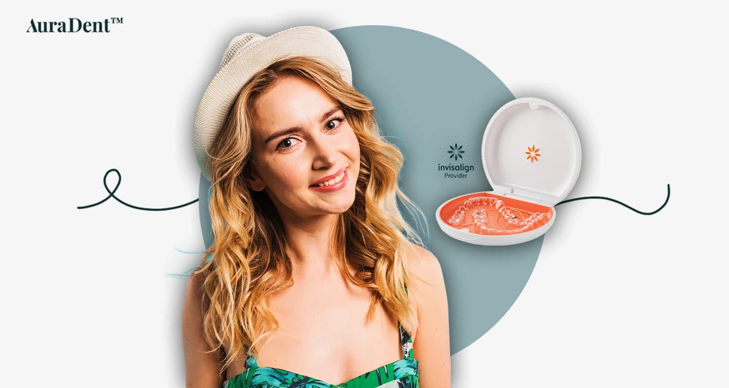 Invisalign och munhälsa: Det här fotot visar ett fall med Invisalign aligners bredvid en dam