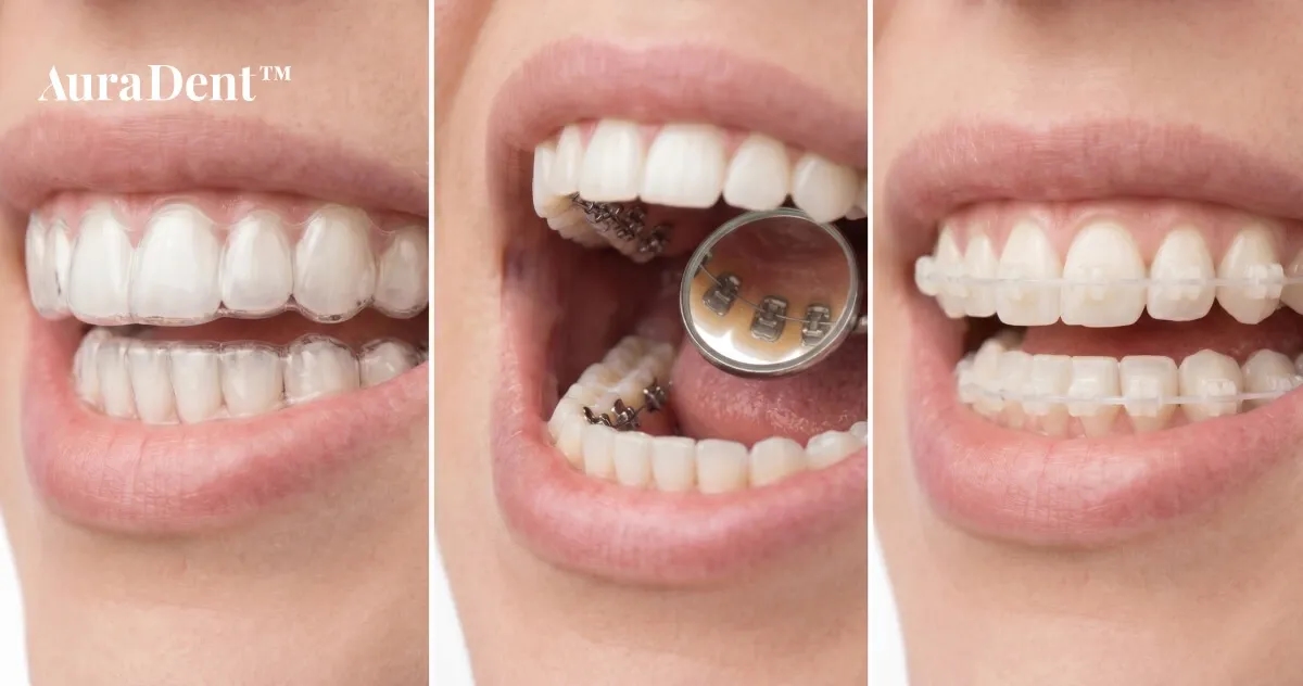 En visuell jämförelse mellan en traditionell synlig tandställning i metall och ett osynligt alternativ med genomskinliga plastskenor.