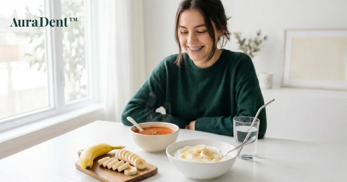 En person med tandställning som dricker en hälsosam smoothie, vilket visar ett exempel på skonsam mat under tandregleringen.