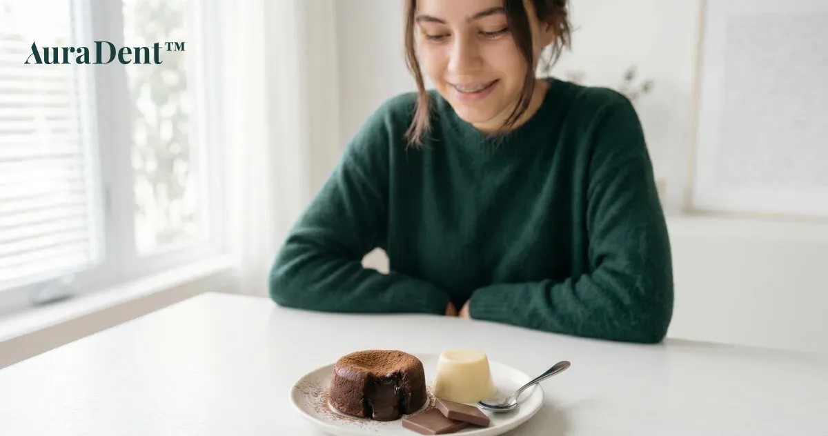 En bit slät mjölkchoklad som smälter i munnen, ett exempel på ett säkrare godisval för personer med fast tandställning.