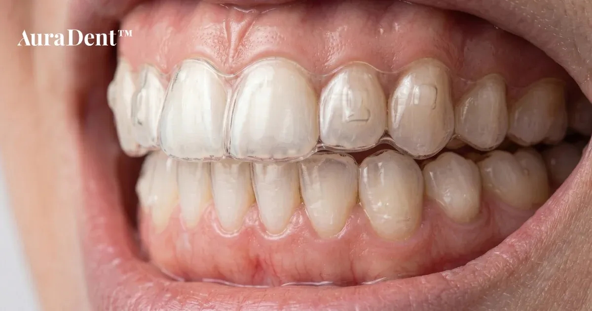 Före- och efterbilder i profil som visar hur ett markant överbett har rätats upp och stängts med hjälp av Invisalign-behandling.