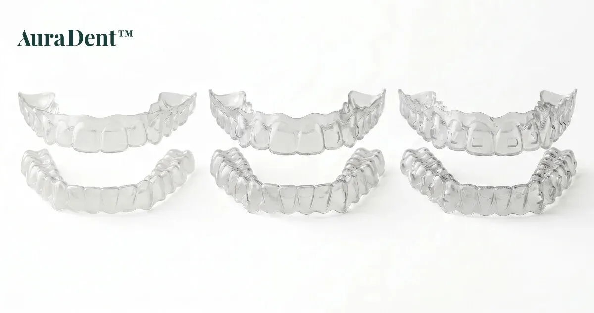 Ett vuxenleende under behandling med Invisalign-skenor och attachments, framför en datorskärm som visar en digital 3D-simulering av tandförflyttningen på en tandläkarmottagning.