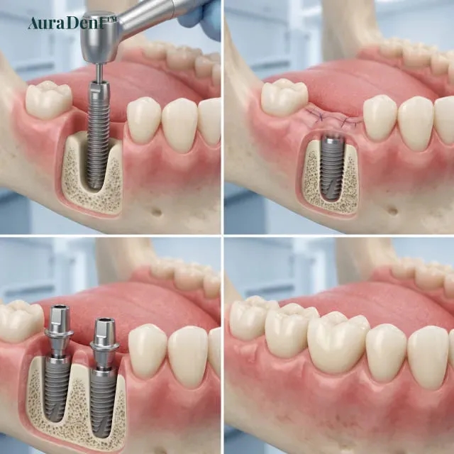 Närbild på en patient i en tandläkarstol med en digital 3D-behandlingsplan synlig på en skärm i bakgrunden, vilket illustrerar det första steget med konsultation och digital planering i en implantatprocess.