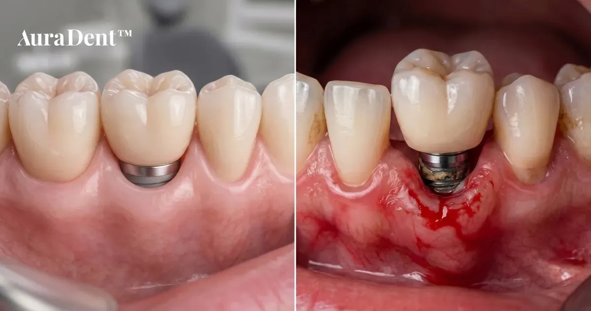 Närbild av en konsultationsmiljö på en tandläkarklinik, där digital teknik i bakgrunden visar hur tandläkare analyserar käkbenet för att upptäcka tecken på implantatförlust.