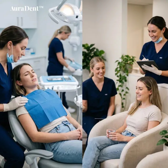 Närbild av en konsultationsmiljö på en tandläkarklinik, där digital skärmteknik i bakgrunden illustrerar hur man analyserar bakomliggande orsaker till smärta som kvarstår efter ett tandingrepp.
