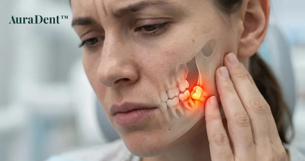 Närbild av en konsultation på en tandläkarklinik, där avancerad skärmteknik i bakgrunden illustrerar hur man diagnostiserar problem med visdomständer som växer snett eller orsakar inflammation.