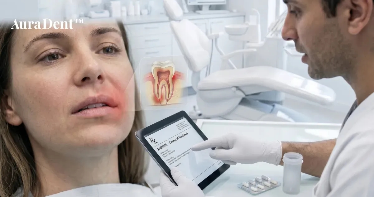 En patient i en tandläkarstol framför en datorskärm med digital diagnostik, vilket visar hur tandläkaren fastställer infektionens omfattning och planerar en säker behandling.