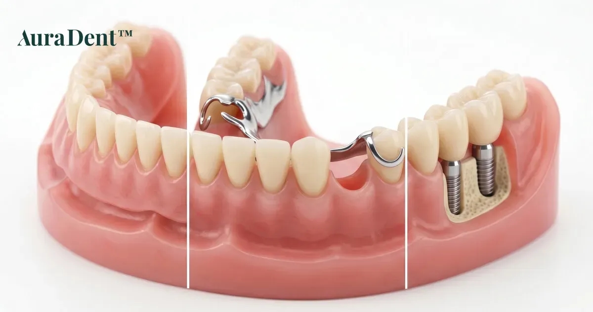 Närbild av en konsultationsmiljö på en tandläkarklinik, där digital skärmteknik i bakgrunden visar hur man analyserar käkbenet och bettet inför valet mellan traditionella proteser eller fasta implantat.
