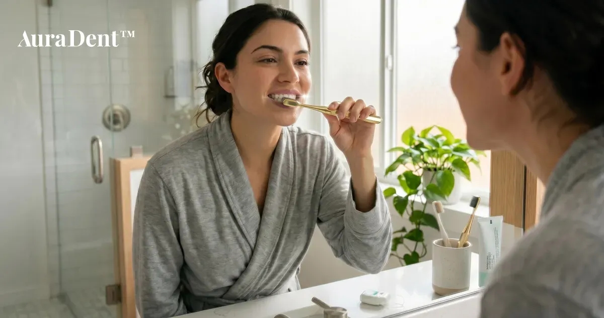 Närbild av ett modernt undersökningsrum hos tandläkaren där digital skärmteknik i bakgrunden representerar den regelbundna kontroll som görs för att mäta och säkra tandköttets hälsa.
