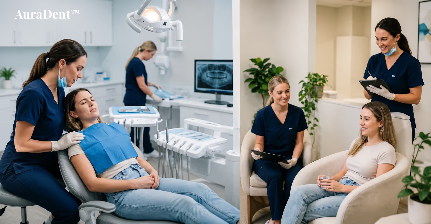 Närbild av en konsultationsmiljö på en tandläkarklinik, där digital skärmteknik i bakgrunden illustrerar hur man analyserar bakomliggande orsaker till smärta som kvarstår efter ett tandingrepp.