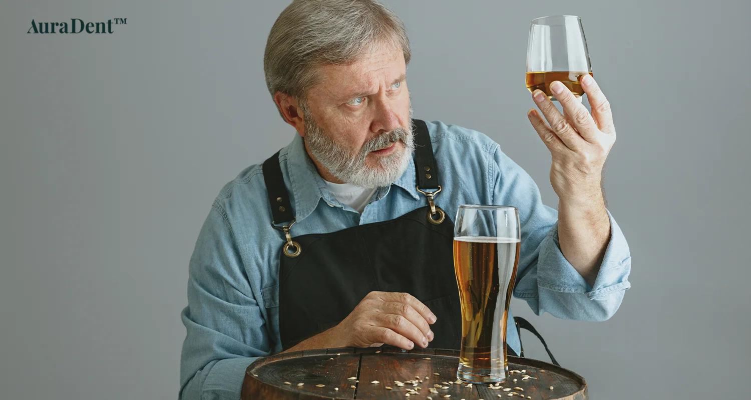 Det här fotot visar en man som funderar på att dricka alkohol efter tandimplantat