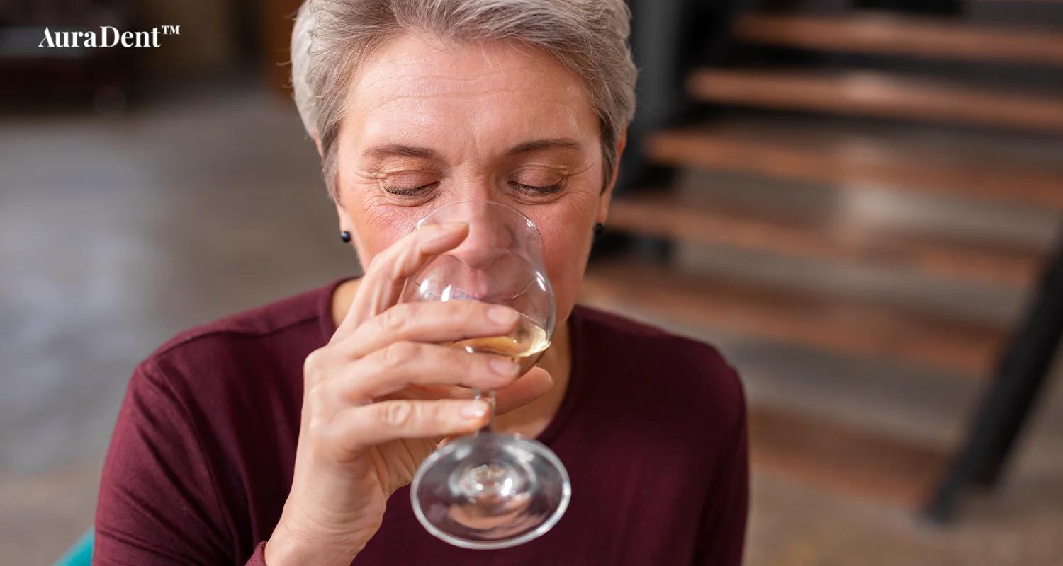 Det här fotot visar en kvinna som dricker alkohol