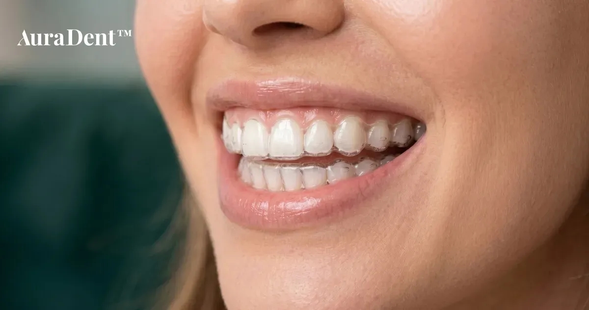 Ett strålande leende under en pågående Invisalign-behandling, med en avancerad 3D-behandlingsplan synlig på en skärm i bakgrunden i en modern tandläkarklinik.