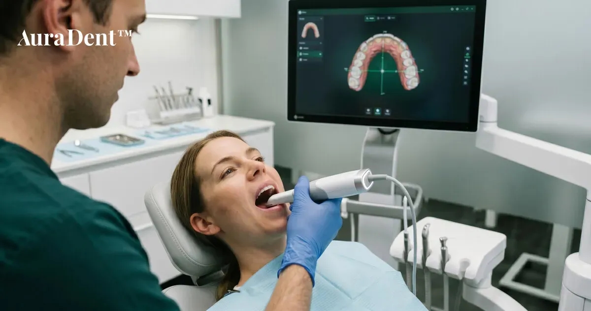 En person med genomskinliga tandskenor och rena tänder i en modern klinikmiljö, där en digital behandlingsplan i bakgrunden visar vikten av klinisk kontroll för en god munhälsa.